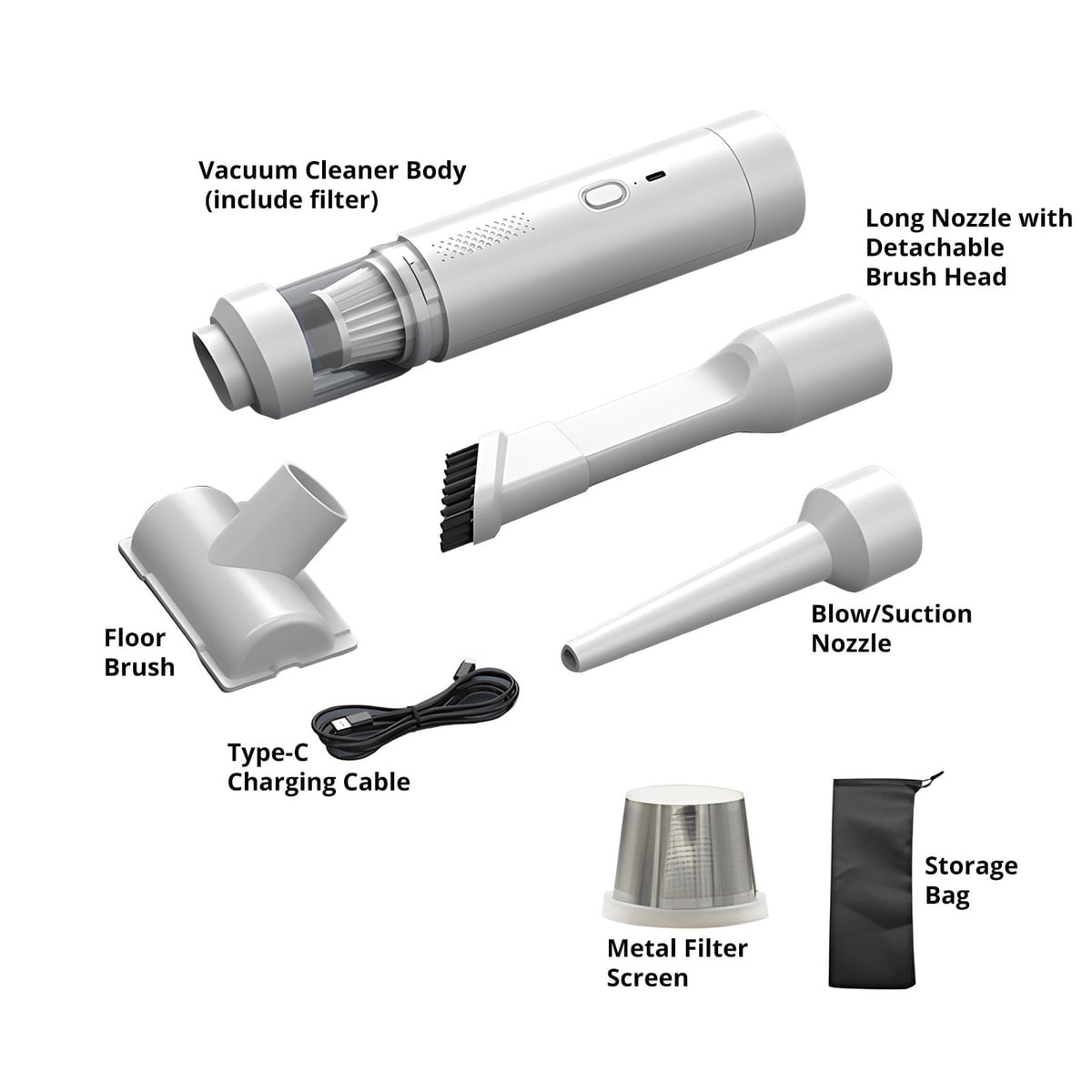 Body, nozzles, filter, charging cable and pouch