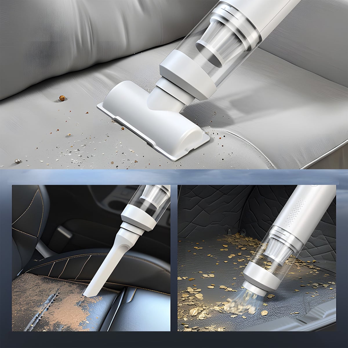 Picking up crumbs from seats and floor mats