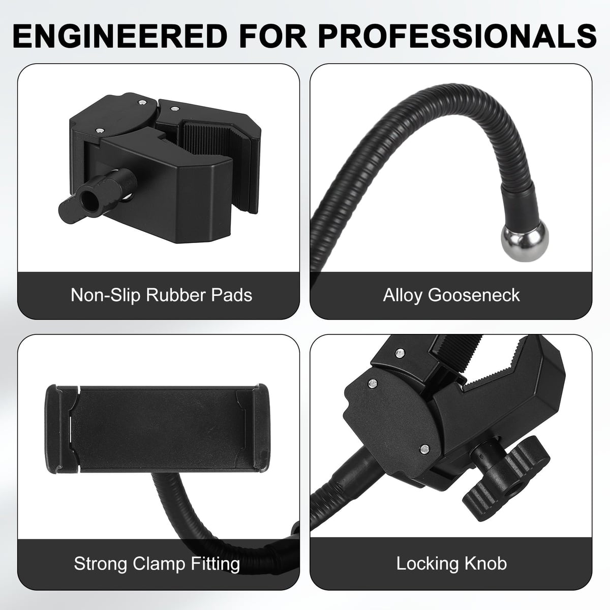 Rubber pads, gooseneck, clamp and locking knob