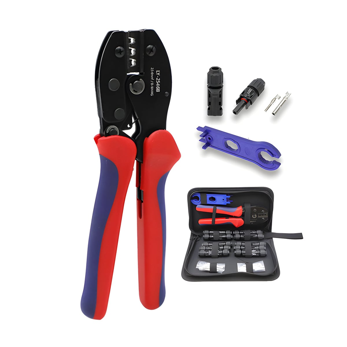 Crimper with spanner and a connector pair