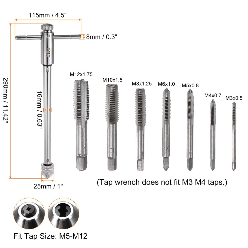 Wrench dimensions and tap sizes