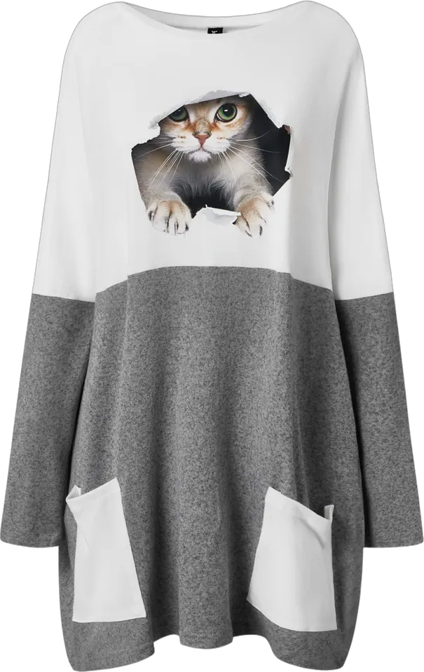 Cat-print color-block tunic dress