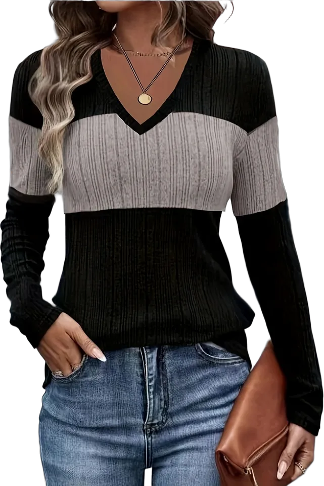 Color-block ribbed V-neck top