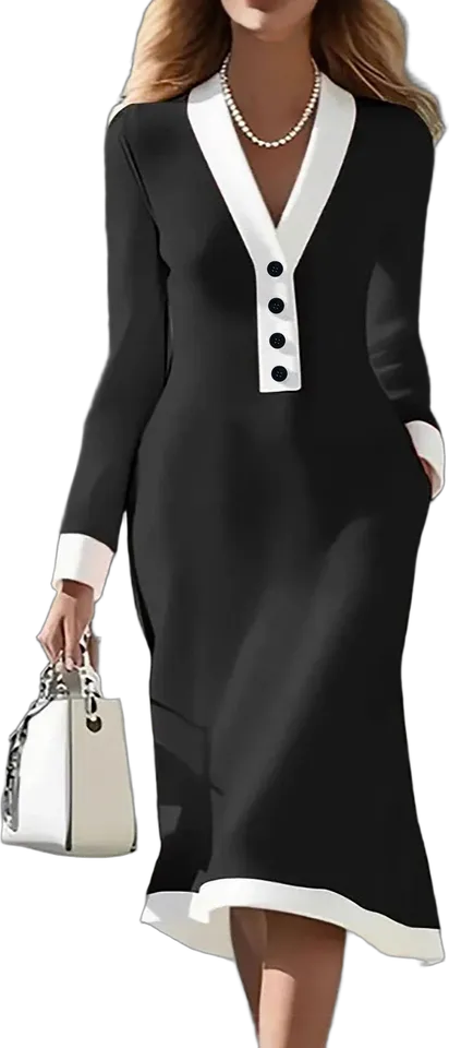 Contrast-trim V-neck sweater dress