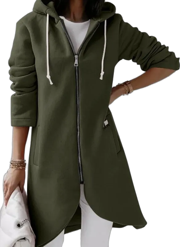 Curved-hem hooded zip coat