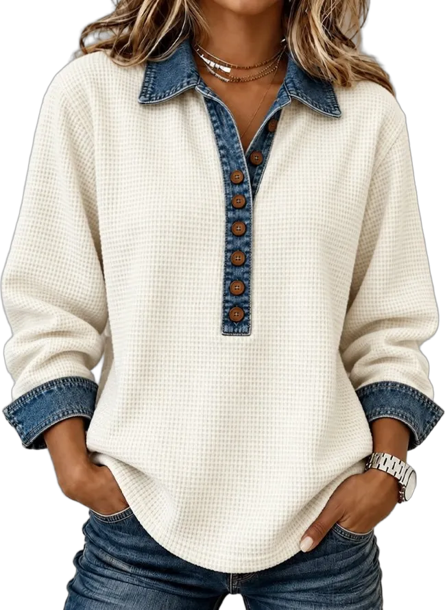 Denim-collar waffle top