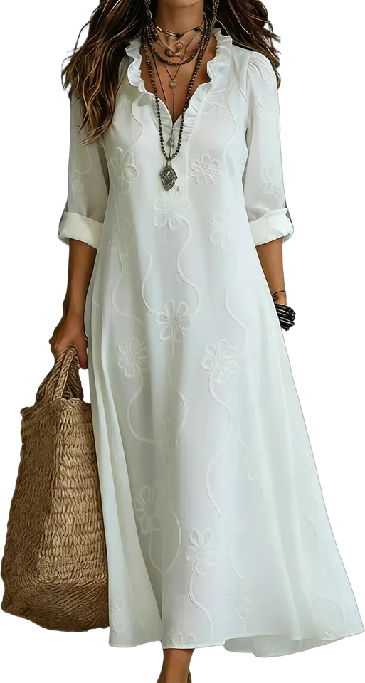 Floral-embroidery V-neck maxi dress