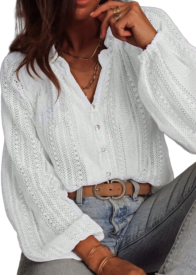 Lace-knit balloon-sleeve blouse