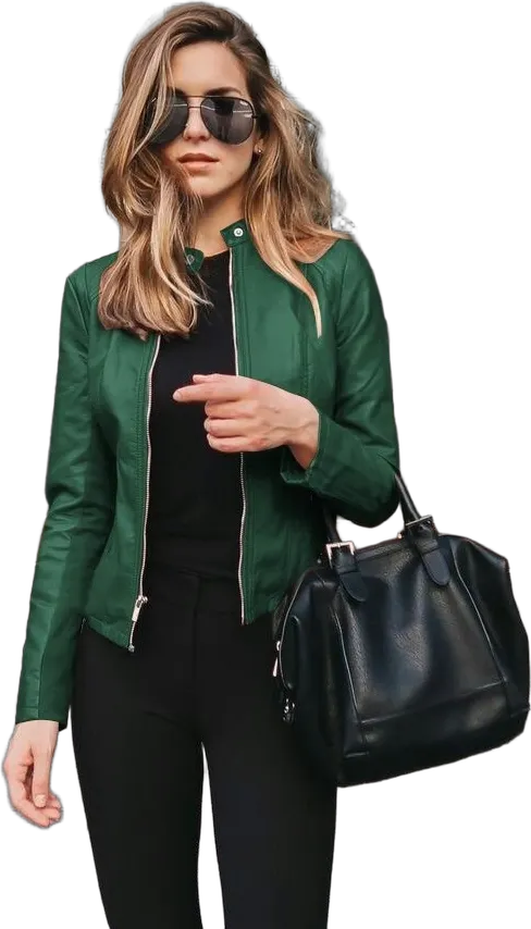 Faux leather stand-collar zip jacket