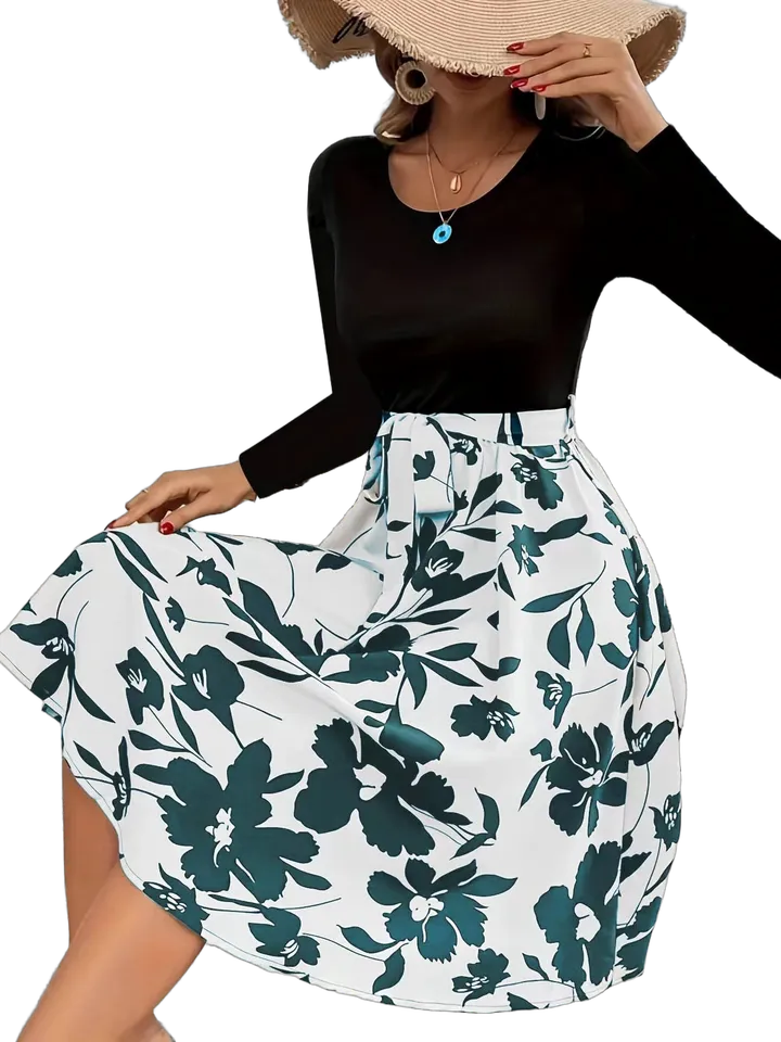 Floral-skirt long-sleeve dress