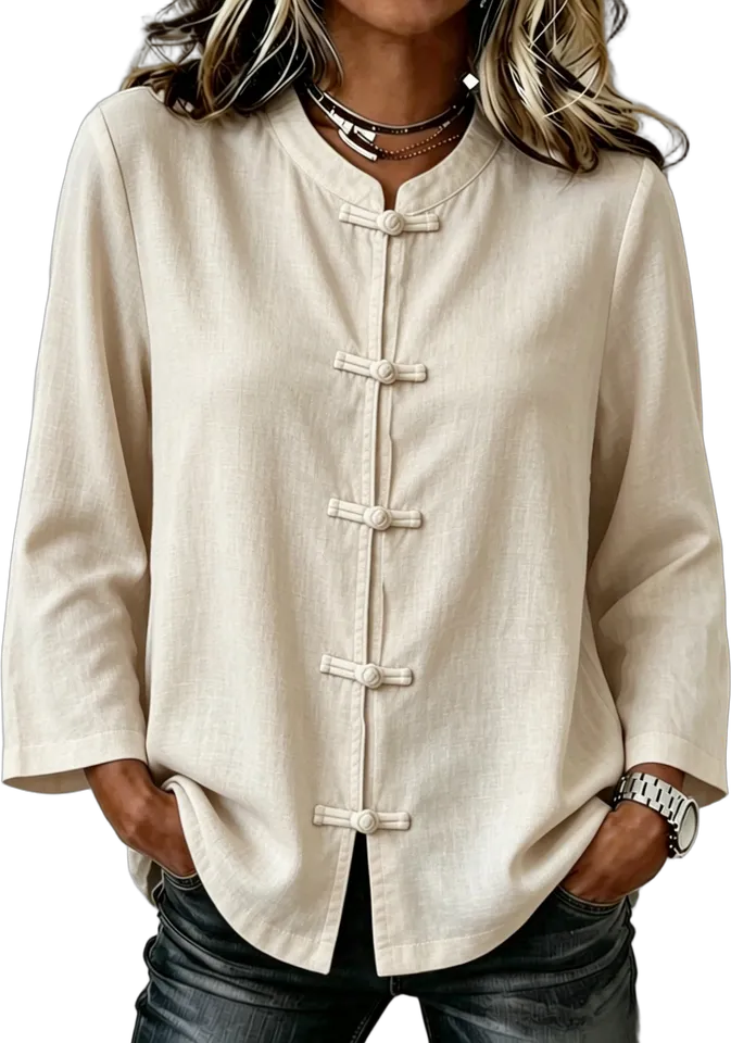Frog-button mandarin-collar shirt