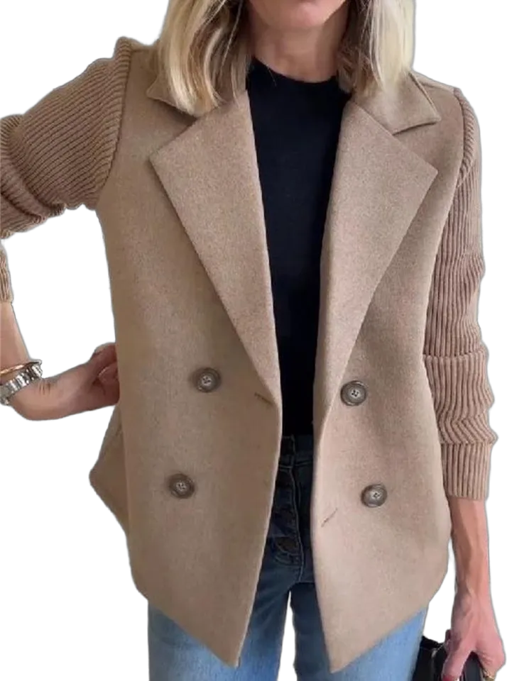 Knit-sleeve double-breasted coat