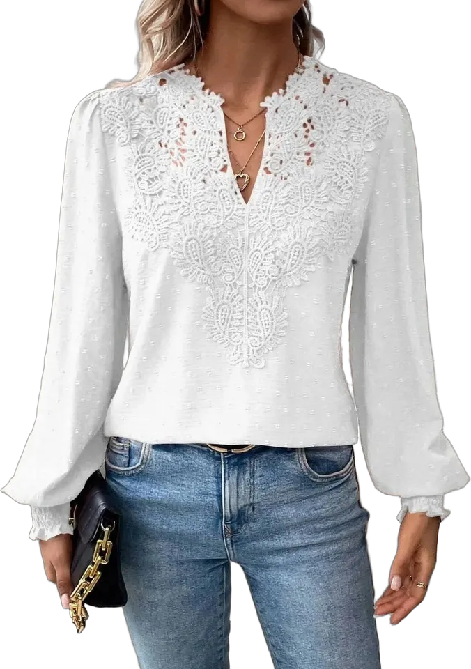 Lace-yoke V-neck blouse