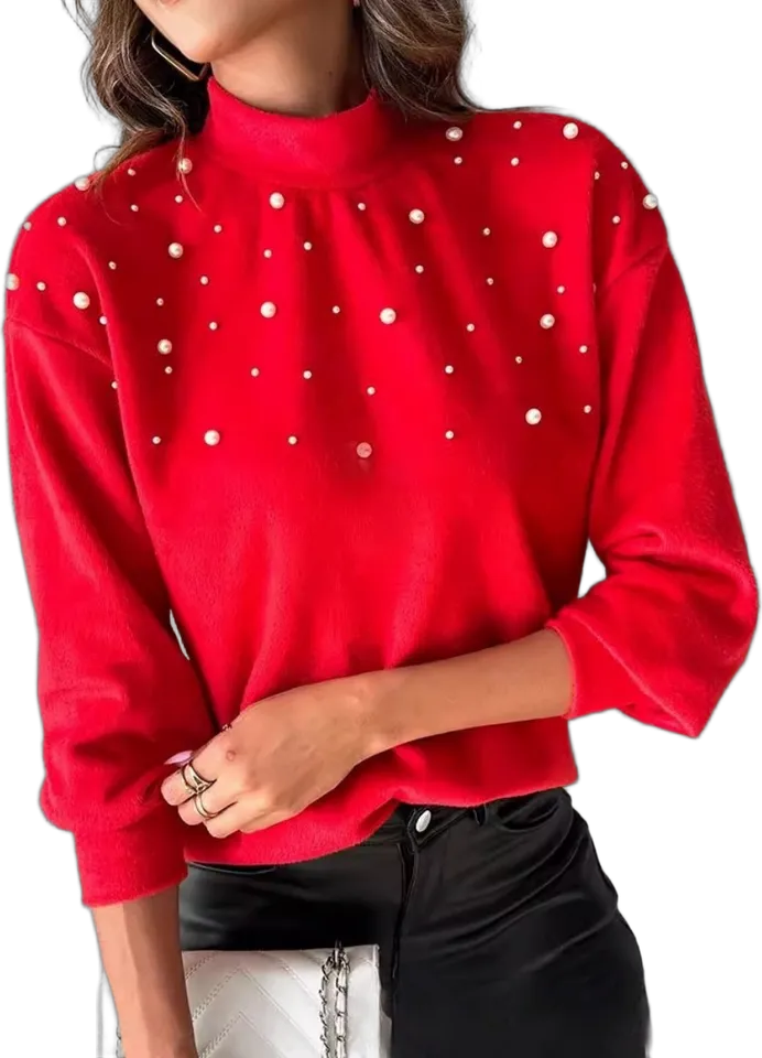 Pearl-beaded fuzzy sweater