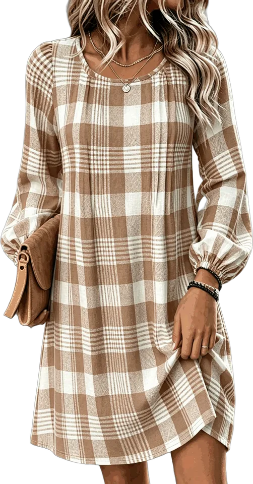 Plaid balloon-sleeve dress