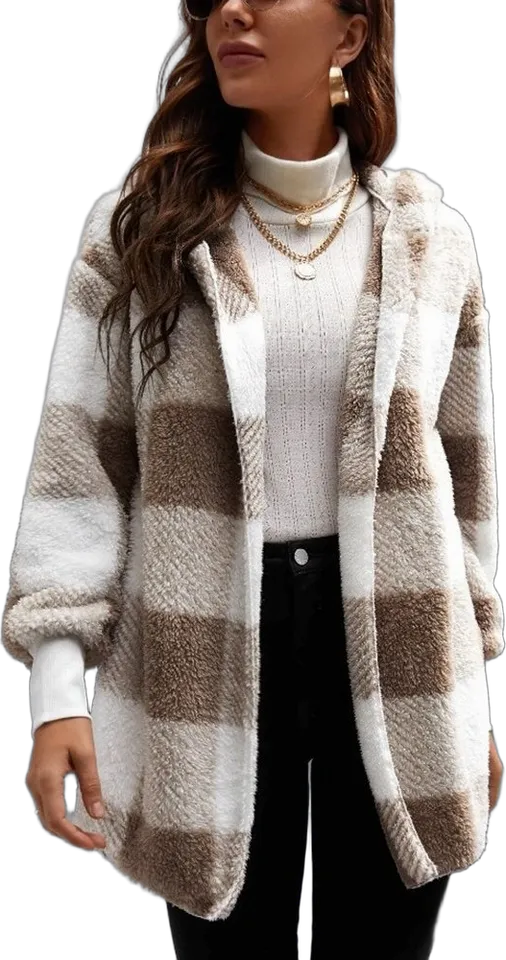 Plaid hooded open coat