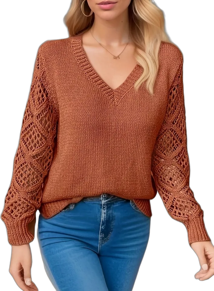 Open-knit sleeve wool V-neck sweater