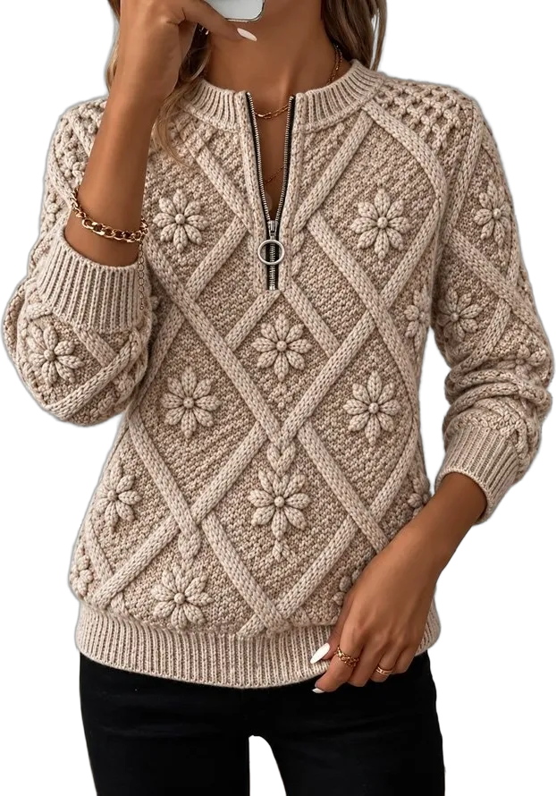 Popcorn-knit half-zip top