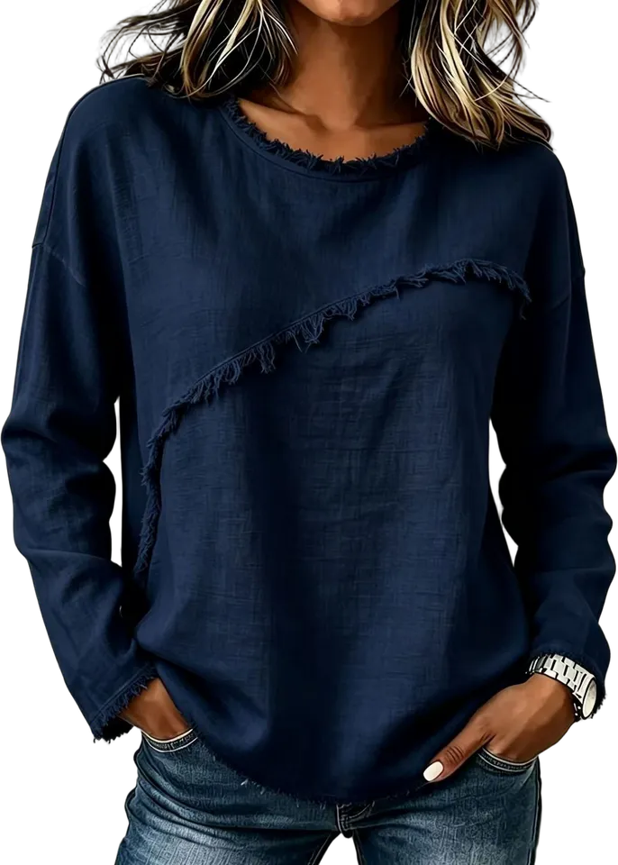Raw-edge seam crew-neck top