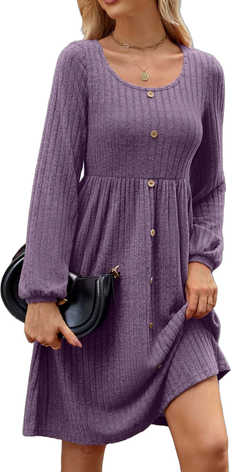 Ribbed button-front balloon-sleeve dress