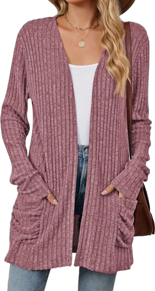 Ruched-pocket long rib cardigan