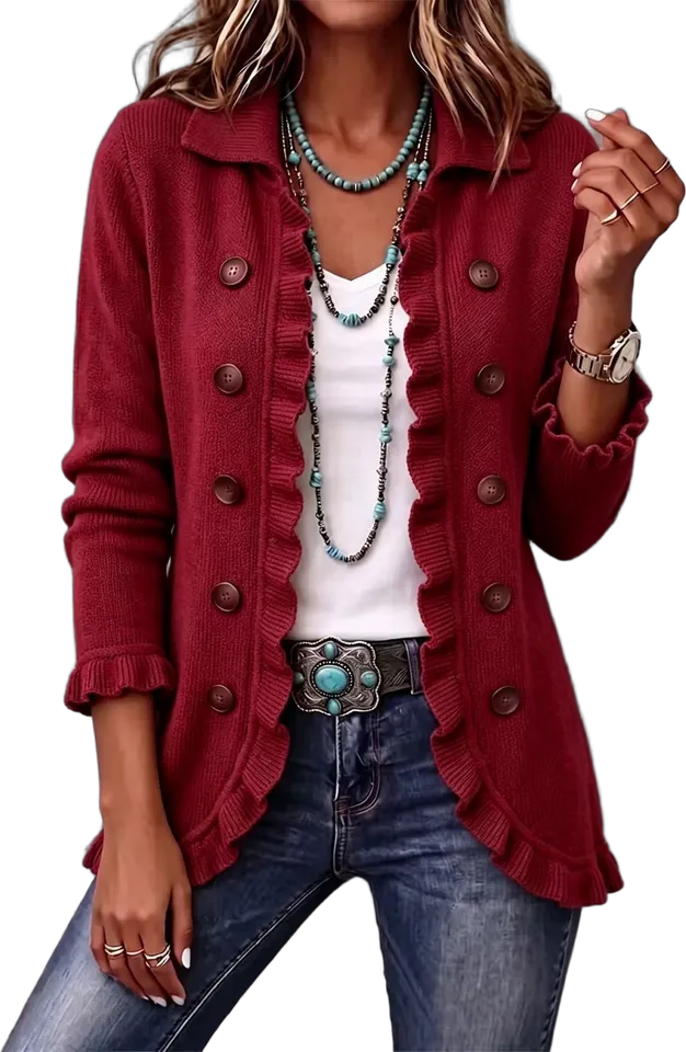 Ruffle-hem double-button cardigan