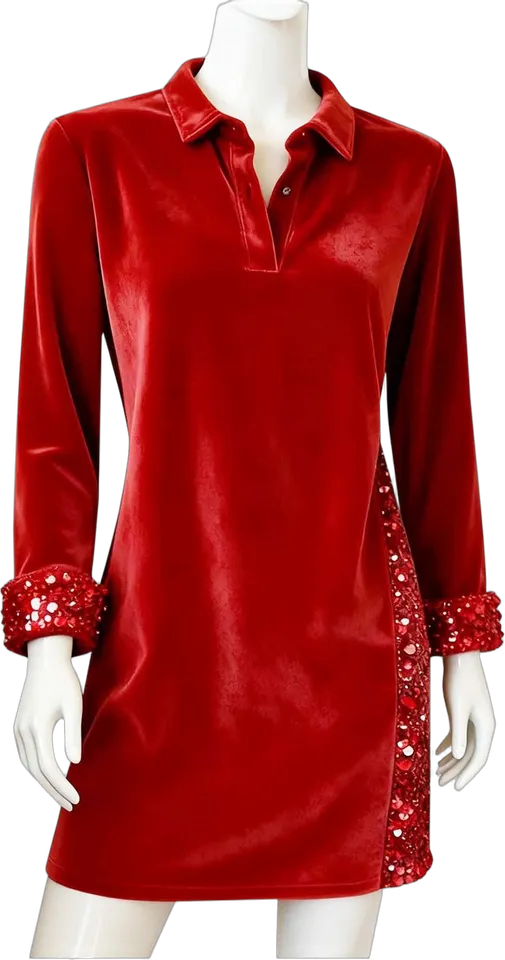 Sequin-trim velvet collared dress