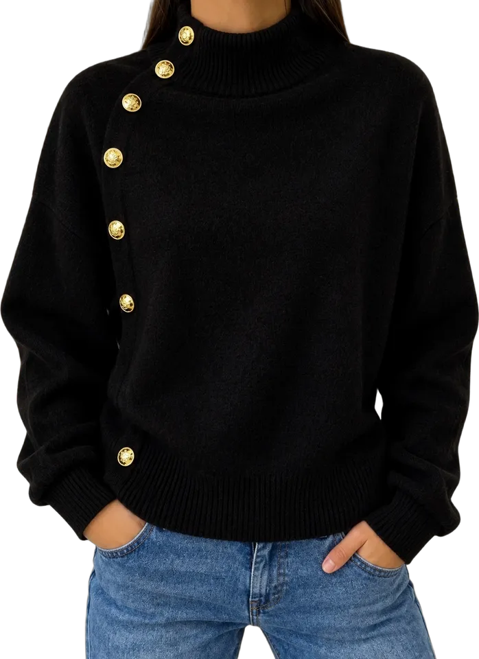 Gold-button turtleneck sweater