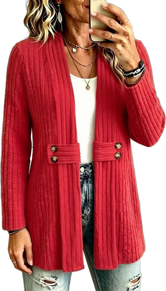 Tab-waist long rib cardigan