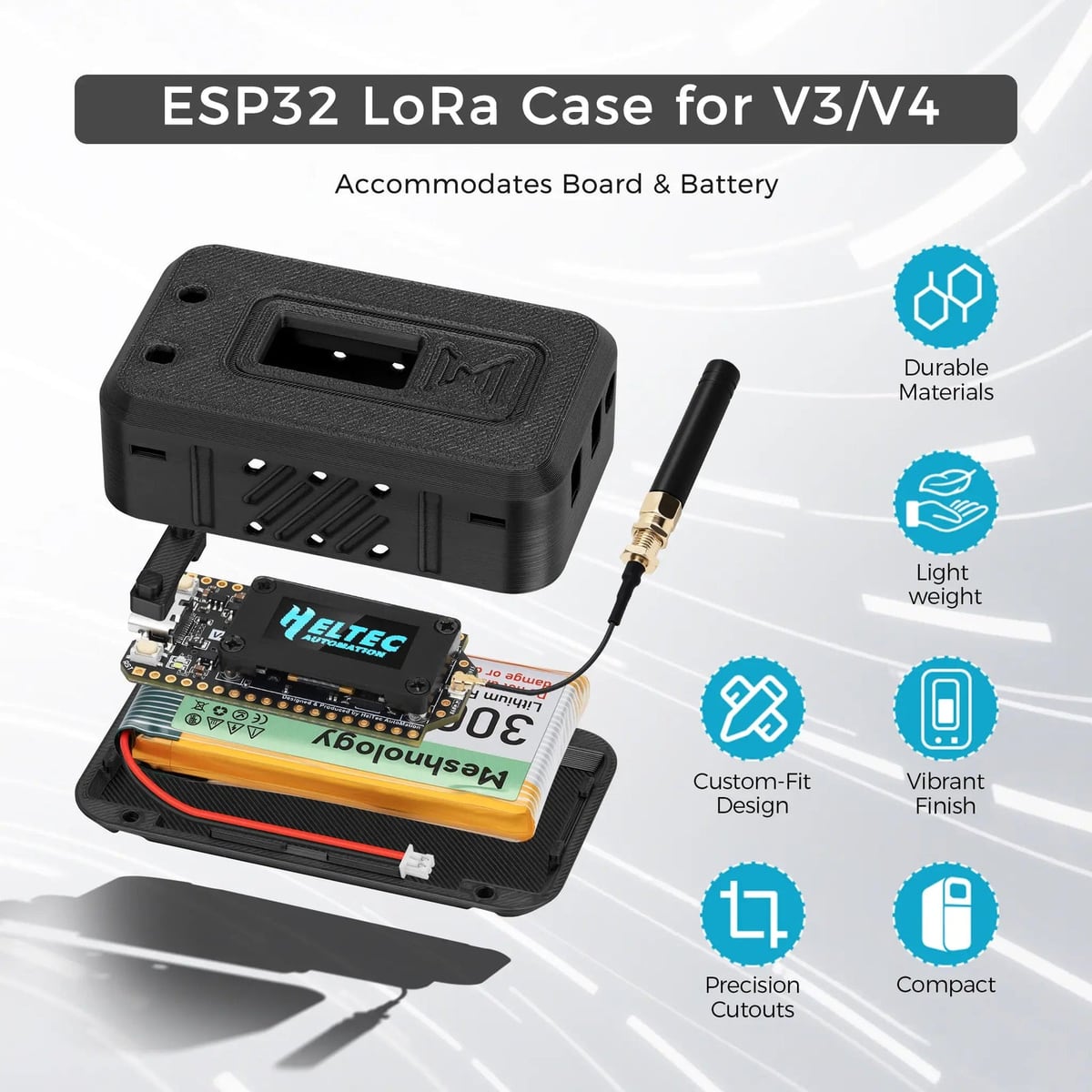 Exploded view with board and battery