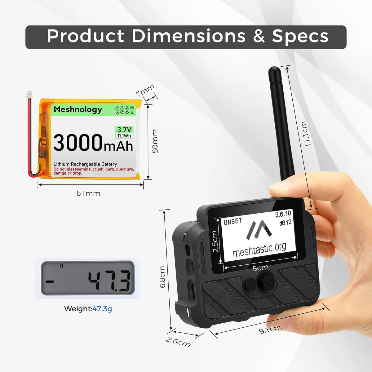 Dimensions and the 3,000 mAh battery