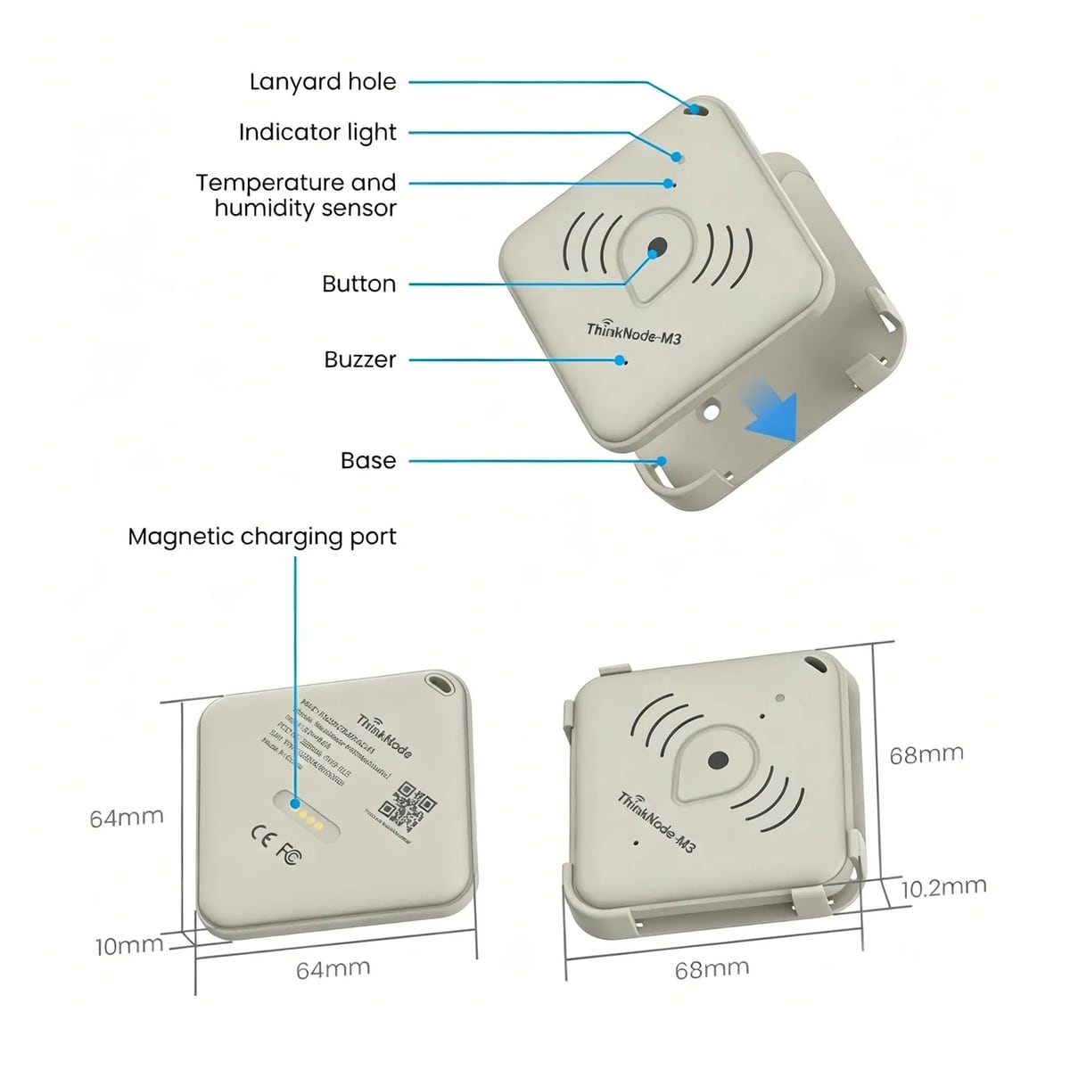 Button, sensor and charging port, with dimensions