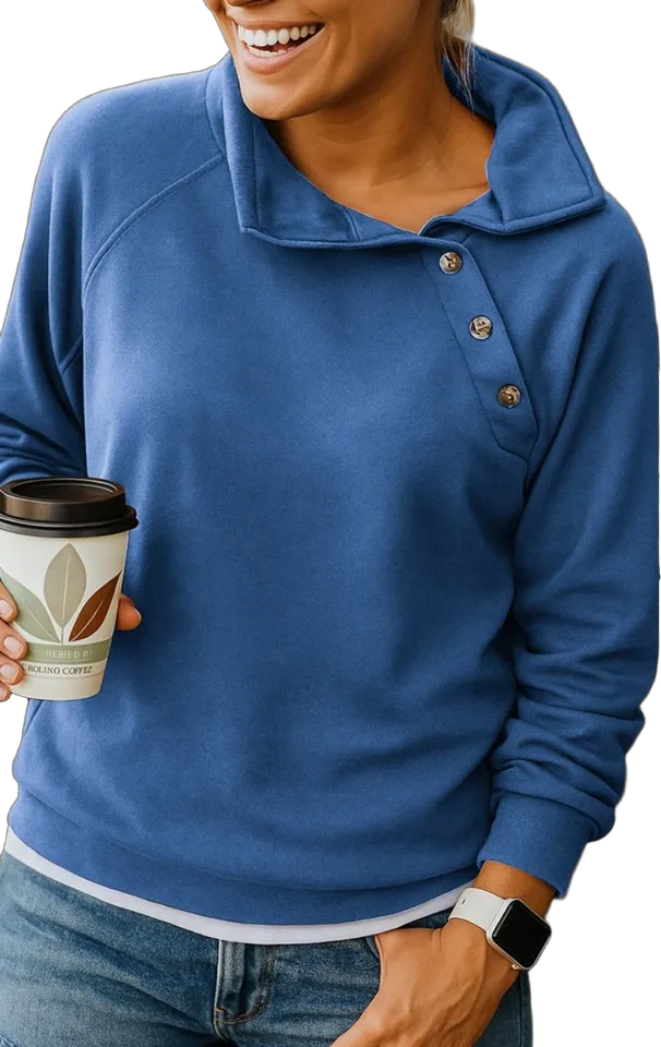 Asymmetric-collar button sweatshirt