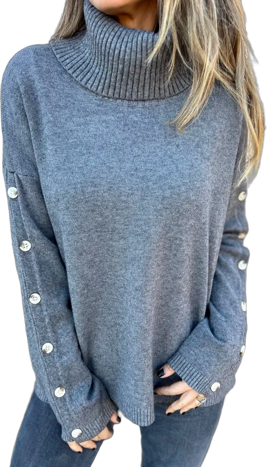 Button-sleeve turtleneck sweater