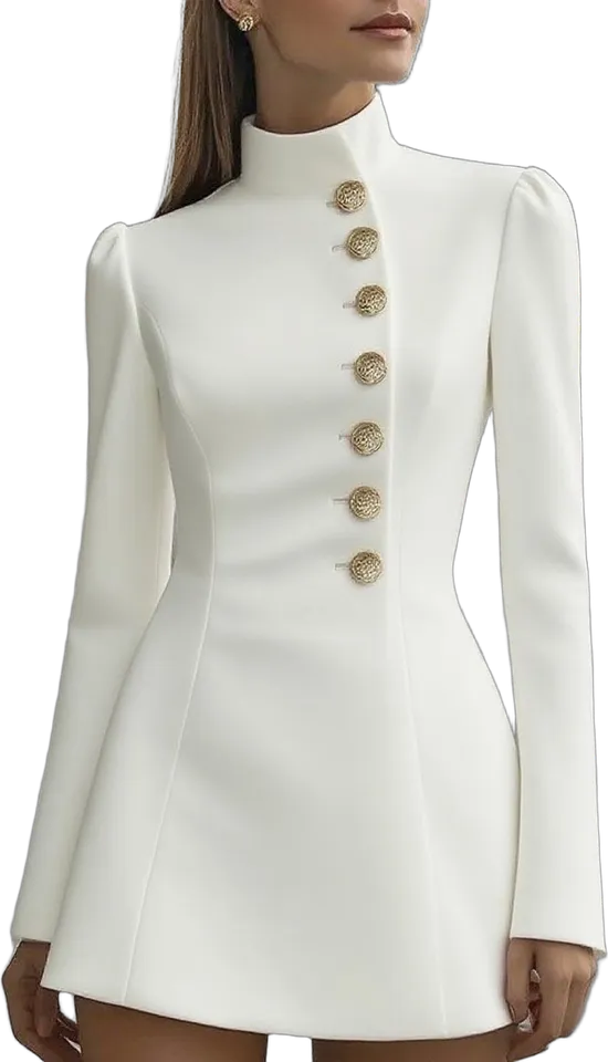 Stand-collar button mini dress