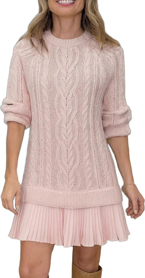 Cable-knit dress with a pleated hem