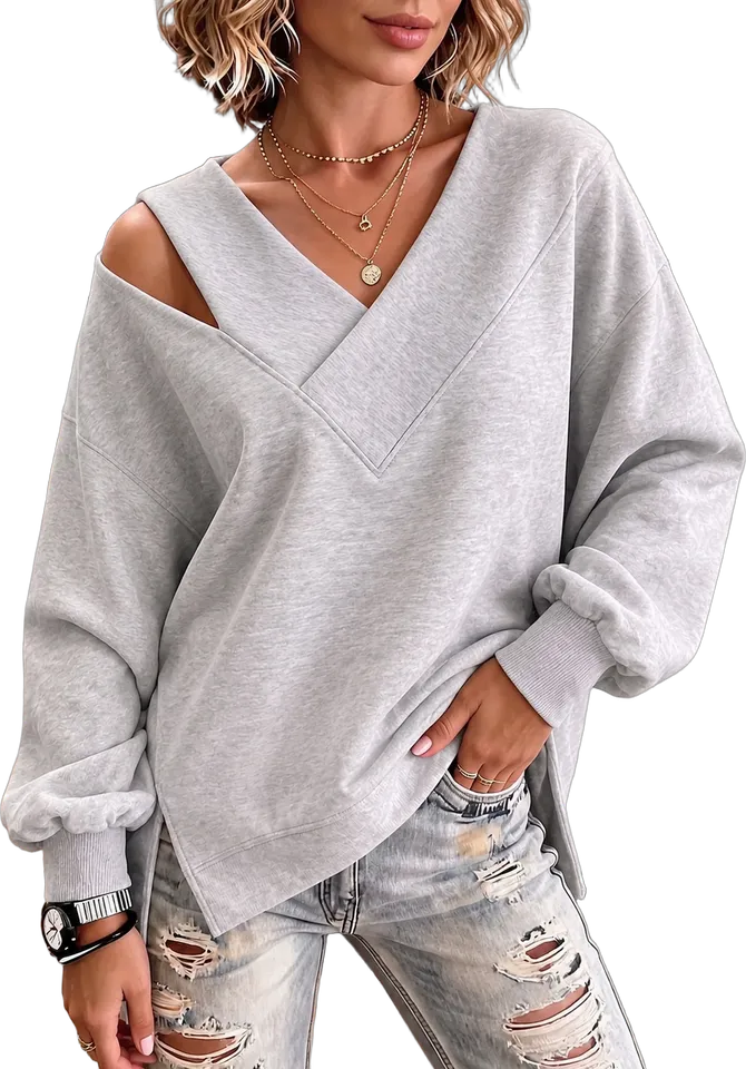 Cutout-shoulder V-neck sweatshirt