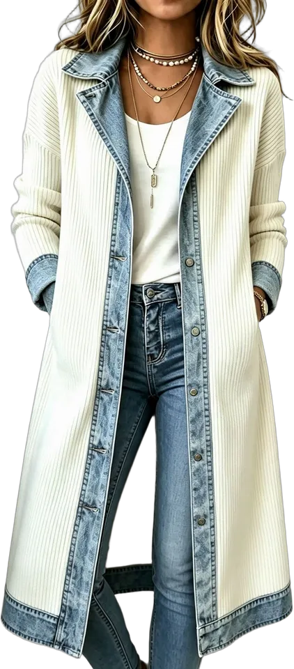 Denim-trim long knit coat