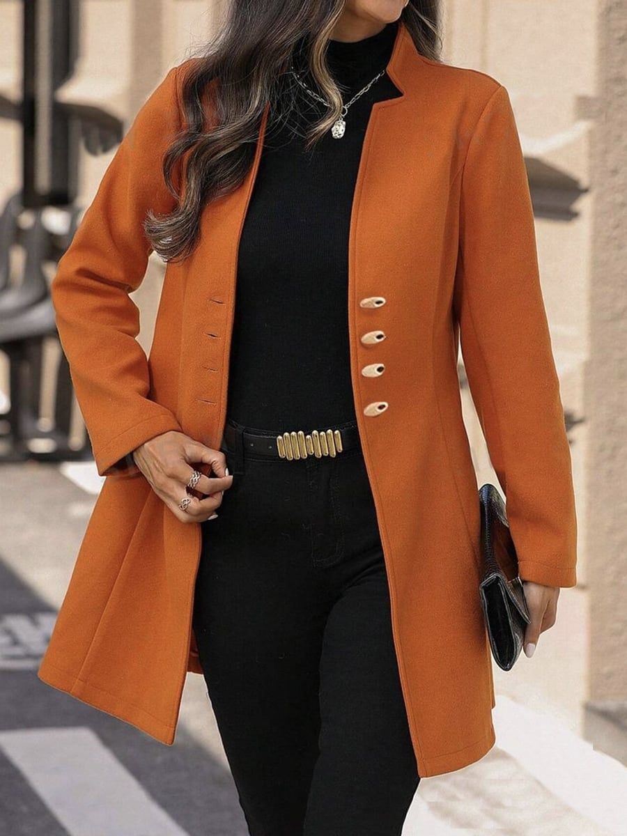 The orange coat worn open, from the front