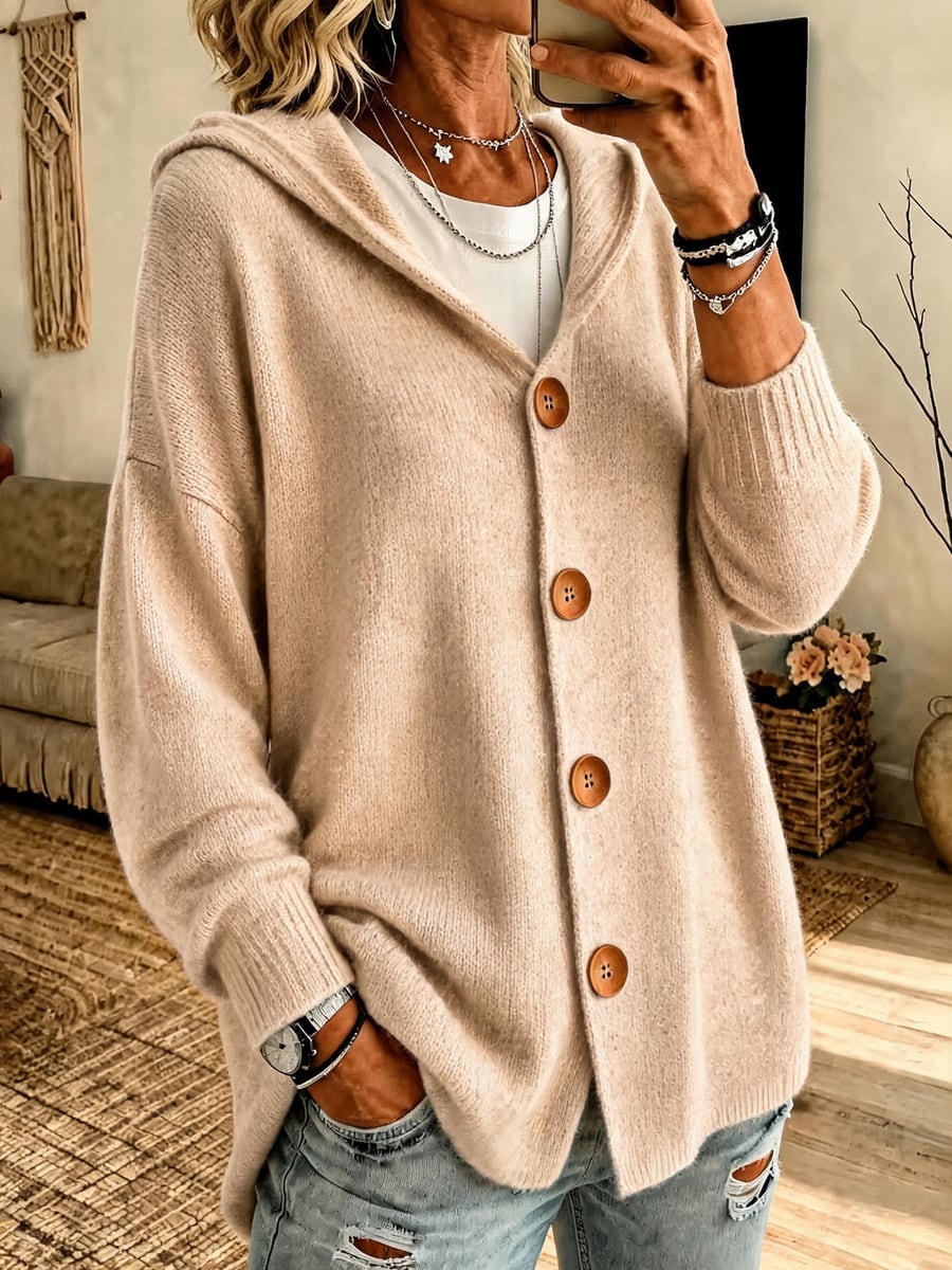 The khaki cardigan from the front
