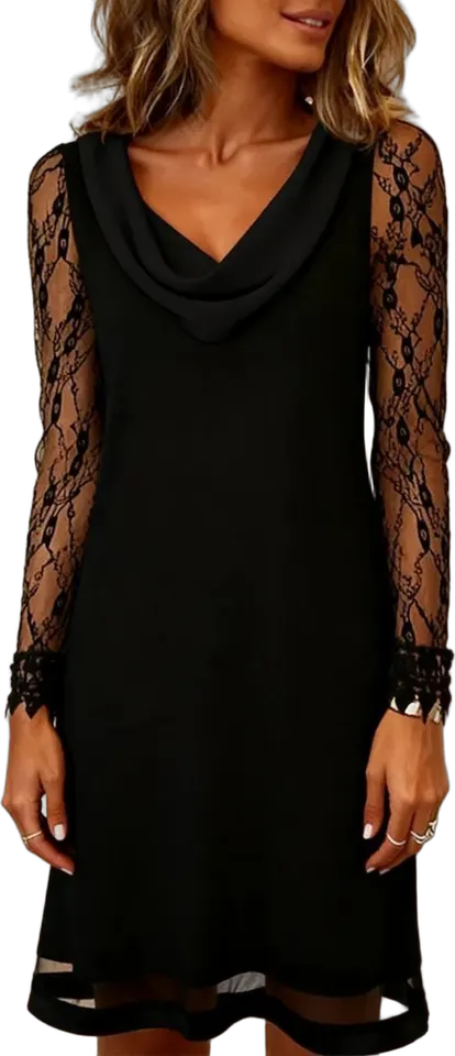 Lace-sleeve cowl-neck dress