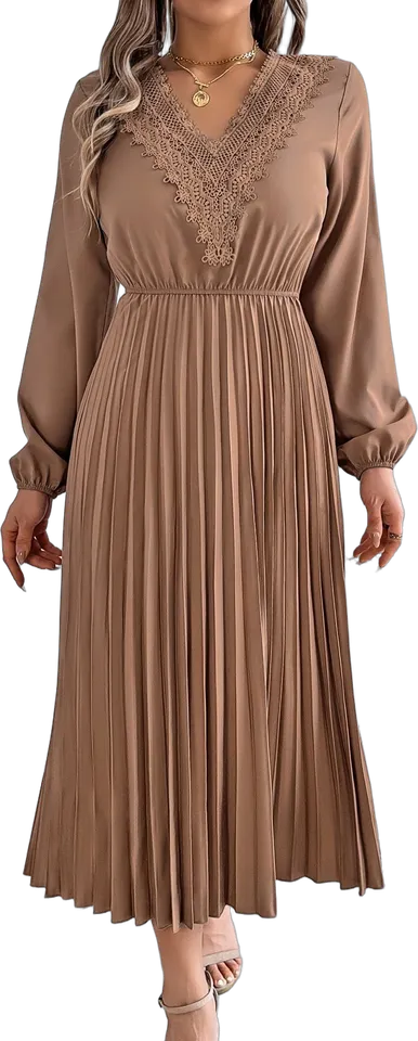 Lace V-neck pleated maxi dress