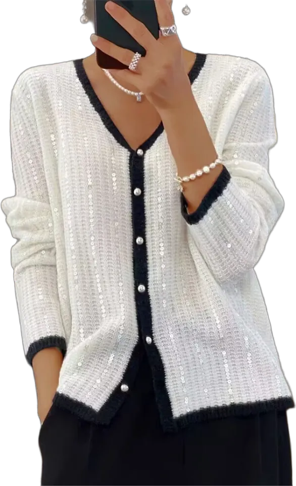Sequin-knit V-neck cardigan