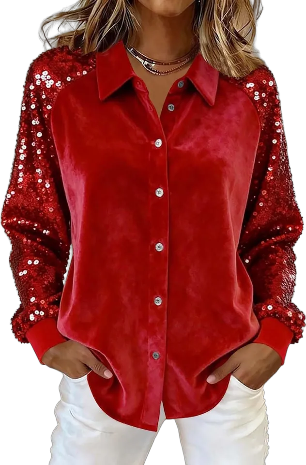 Sequin-sleeve velvet shirt