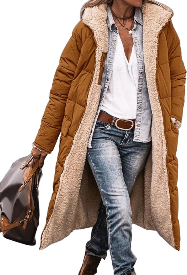 Fleece-lined hooded long puffer coat