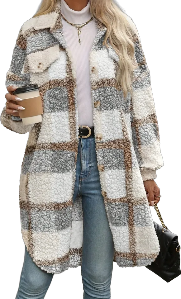 Fluffy plaid longline shacket