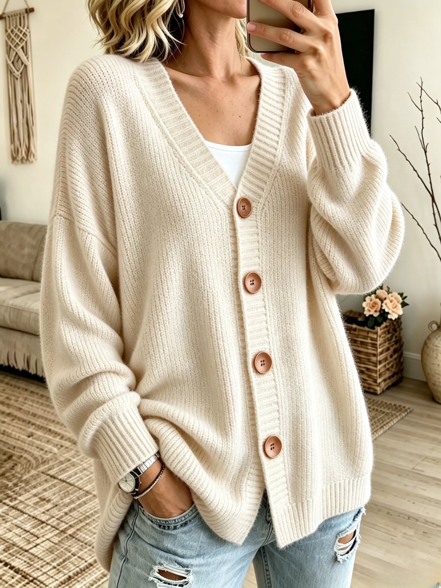 The off-white cardigan from the front