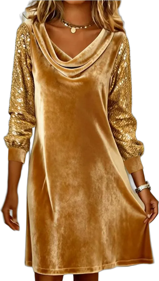 Velvet cowl-neck dress with sequin sleeves