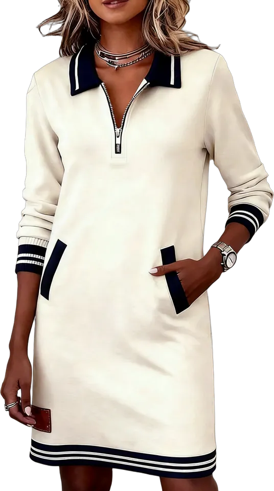 Zip-collar striped-trim dress