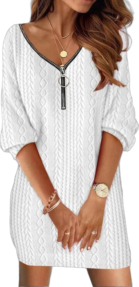 Zip-neck cable sweater dress